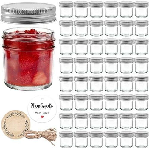 48 Pack 2 oz Small Mason Jars, Mini Glass Jars with Lids for Jam Ginger Shots Honey Spices Wedding Favors, Includes Labels, String & Handmade Tags