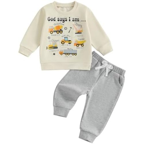 God Says I Am Toddler Baby Boy Fall Clothes Construction Truck Christian Shirt Sweatshirt Pants Set 2Pcs Outfits