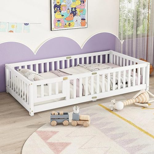 Bellemave Twin Floor Bed with Slats and Door, Twin Size Montessori Floor Bed with Fence and Door, Easy Assemble Montessori Beds Frame for Girls, Boys, White
