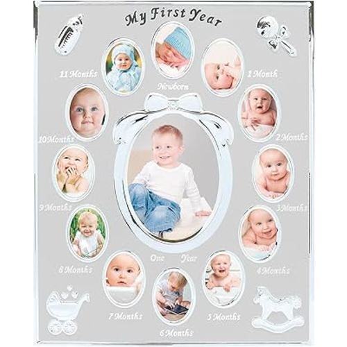 Tiny Ideas Baby’s My First Year Picture Frame, Monthly Milestone Photo Collage, 12 Month Baby Keepsake, Nursery Wall Decor and Baby Gift, Silver