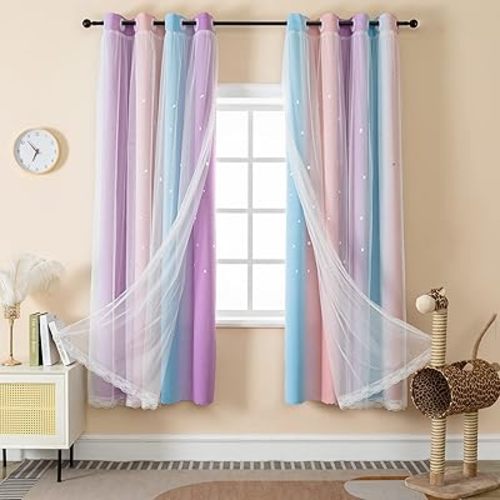 Curtains for Girls Bedroom Purple and Pink Kids Curtain Star Cutout Rainbow Curtain for Girls Room Decor Window Nursery Curtain 63 inches Long Room Darkening Grommet, 2 Panels, W52 x L63