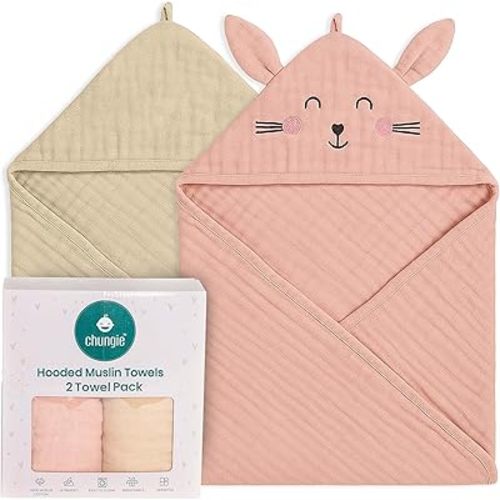Chungie Soft Muslin Hooded Baby Towels 32x32 inches – 100% Cotton, 6-Layer Breathable Newborn Bath Towels with Hood, Pack of 2 (Printed + Embroidered)