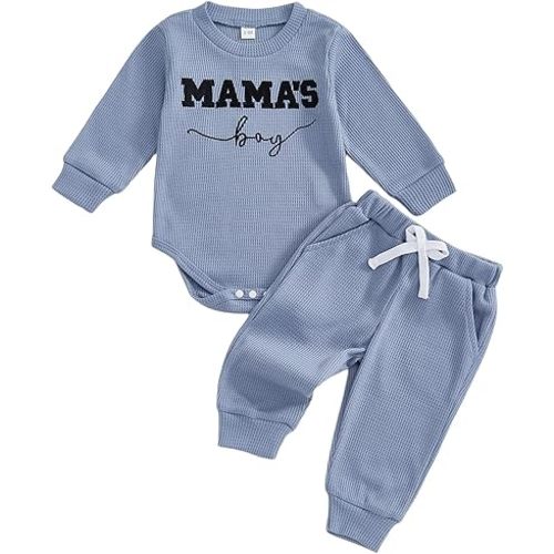 Kupretty Baby Boy Clothes 3 6 12 18 Months Fall Winter Outfit Mama's Boy Embroidery Waffle Long Sleeve Romper Pants Set