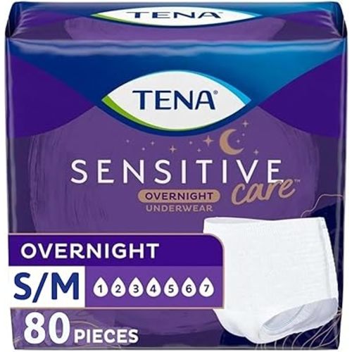 Tena Sensitive Care Overnight Incontinence Underwear for Women, Bladder Control and Postpartum, Small/Medium, 80 Count (Waist Size: 25in-35in)