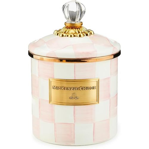 MACKENZIE-CHILDS Small Enamel Canister, Kitchen Storage Container for Flour and Sugar, 38 Ounces, Pink-and-White Rosy Check