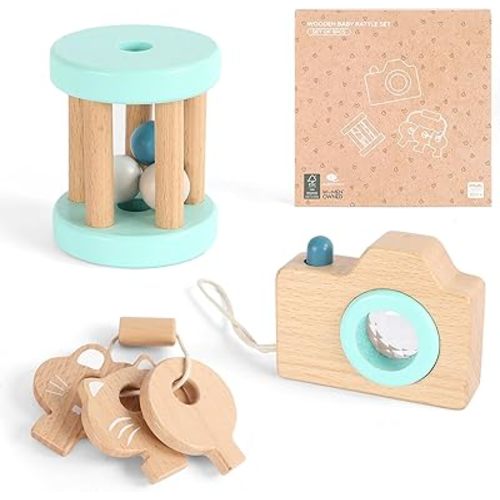 FReniland Wooden Montessori Toys, 3-Piece Wooden Baby Toys, Rotating Drum Toy, Camera Kaleidoscope Toys, Baby Key Rattles,Newborn Baby Gift Sets for Boys and Girls