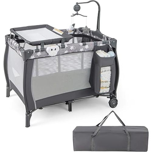 HONEY JOY Pack and Play, 3 in 1 Portable Baby Playard with Bassinet, Changing Table, Lockable Wheels, Music Box, Foldable Travel Baby Crib Nursery Center from Newborn to Toddler (Star Gray)
