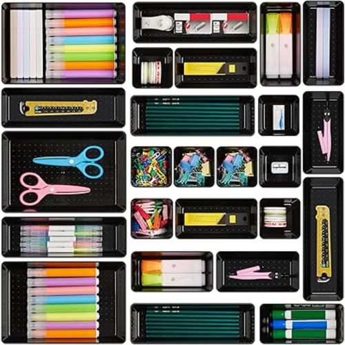 Vtopmart 25 PCS Office Desk Drawer Organizers Set, 4-Size Versatile Plastic Drawer Organizer Trays, Storage Bins for Desk Accessories Office Organizers and Storage, Bathroom, Makeup, Vanity, Black
