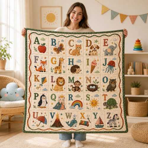 Alphabet Quilt, Personalized Baby Blanket, ABC Learning Nursery Quilt, Baby Boy Blanket, Educational Kids Decor