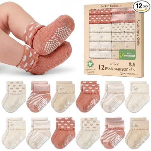 GOTS Organic Cotton Blend 12 Infant Socks 0-6 M Boys Non Slip Shower Gift | Oeko-Tex Certified, Baby Socks, 12 Pairs, Warm Baby Socks, Socks For Baby Boy, Peach & Beige, For Baby Boys, 0-6 Months,