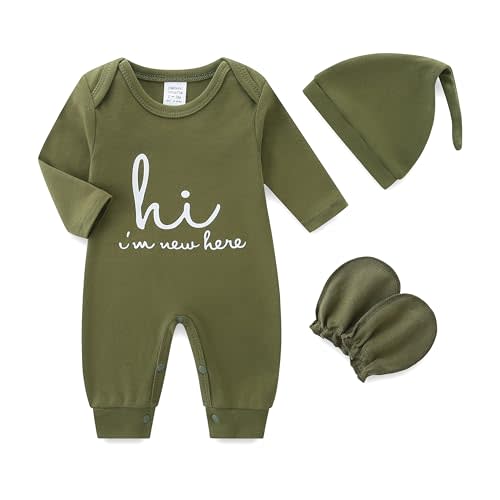 Newborn Baby Romper Cotton Coming Home Outfits Hi Im New Here with Hat Gloves Long Sleeve Solid Onesie