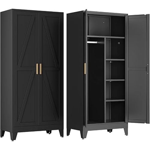COFaR Wardrobe Closet with Doors, Metal Bedroom Armoire with Adjustable Hanging Rod and Shelves, Farmhouse Broom Closet Storage Cabinet for Garage Laundry Office, 70.87" H x 31.5" W x 17.72" D, Black