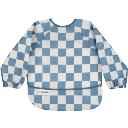 Tiny Twinkle Mess Proof Baby Bib|Waterproof Smock Bib for Eating,Machine Washable Full Sleeve with Pocket(Checkers Blue, Small 6-24 Months)