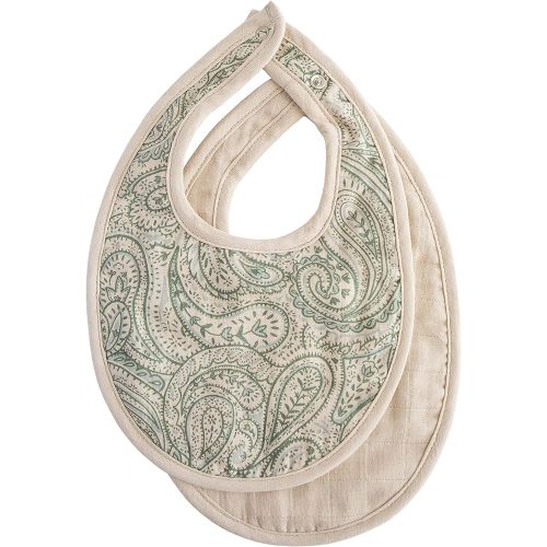 mushie Muslin Baby Bib | Soft Cotton for Infant Drips, Drools & Feedings | Adjustable Fit | 2 Pack (Green Paisley/Fog)