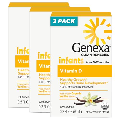 Genexa Infants Vitamin D Liquid Drops for Newborn, Baby & Toddler | Bone Development | Delicious Organic Vanilla Flavor | Certified Organic, Gluten Free, & Non-GMO | 270 Servings (3 Pack)