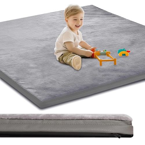 Baby Play Mat for Floor,1.3" Thick Padded Foam 50x50 playpen mat, Removable&Washable Cover,Non-Slip Soft Velvet Nursery Rug for Baby Crawling,Toddlers,Infants,Kids,Yoga,Tatami,Gray