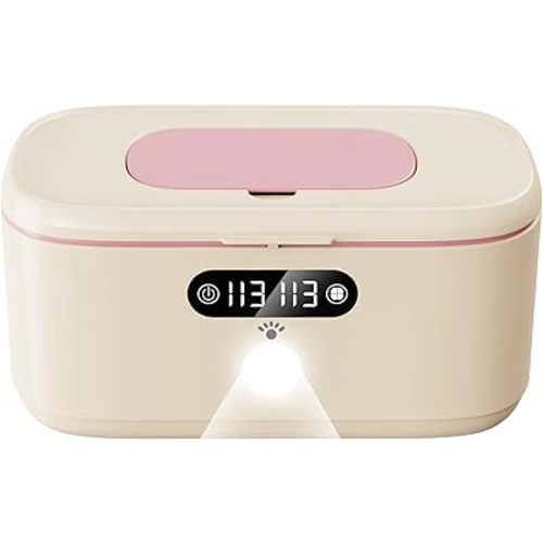 Wipe Wamer for Vehicle and Home Use, Baby Wet Wipes Dispenser and Diaper Wipe Warmer with Night Light,Temperature Display,No Need Water and Sponge, ℉ and ℃ Convertible - Beige 110~240V