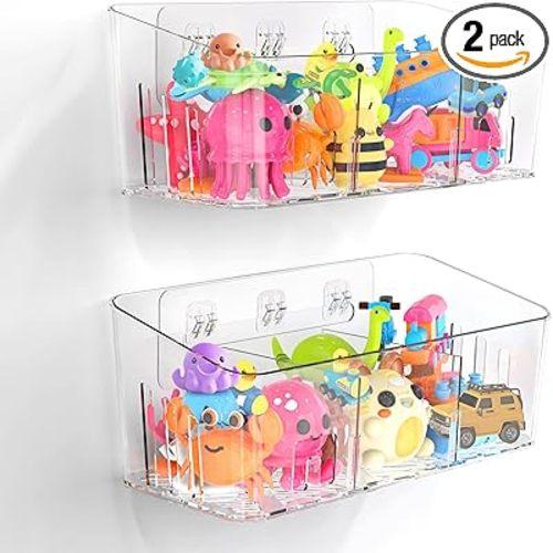 Lysam Bath Toy Storage 2 Packs, Large Bath Toy Holder with 3 Compartment, Quick Dry Bathtub Toy Organizer, Bath Tub Toy Net, Shower Toy Basket & Bin, Bathroom Accessories for Baby,Toddler,Kids（Clear）