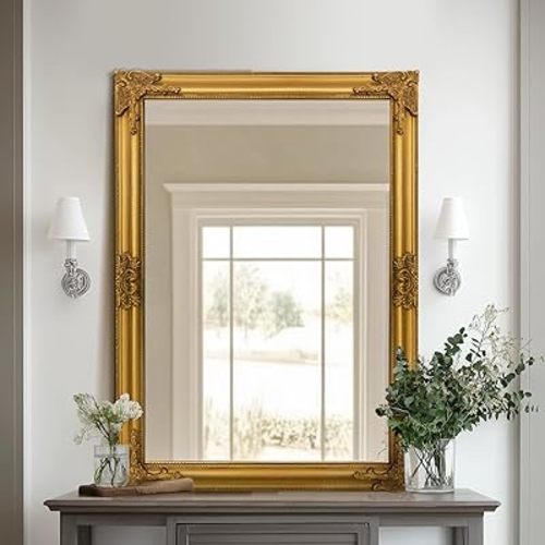 TRAHOME Vintage Gold Mirror for Wall, 28"x40" Antique Decorative Baroque Mirror with Imitation Metal Frame, Ornate Decorative Wall Mirror Decor for Entryway, Fireplace, Living Room, Hallway, Bathroom