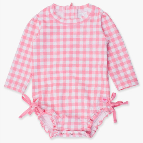 Gingham Long Sleeve One Piece Rash Guard | Bubblegum Pink Gingham 0-3m