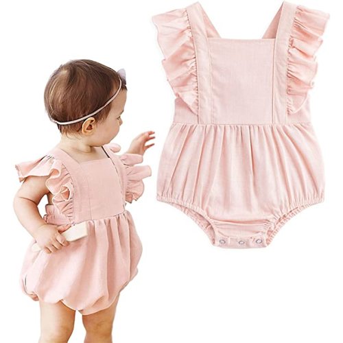 Simplee kids Baby Onesies Unisex Cotton Linen Handmade Romper Jumpsuit Solid Color Long Sleeve Jumpsuit - A-pink - 6-12 Months