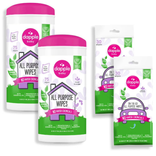 All Purpose Wipes by Dapple Baby, Hypoallergenic Cleaning Wipes Powered by Plants, Hint of Lavender, 75 Count Canister (Pack of 2) + 30 Count (Pack of 2)