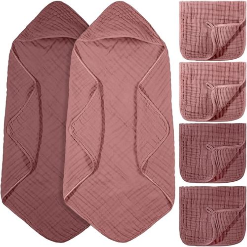 VitalCozy 6 Pcs Baby Muslin Hooded Bath Towels and Washcloths, Muslin Hooded Baby Towels Absorbent Blankets for Gift Newborn Infant Shower (Mauve,Peach Pink)
