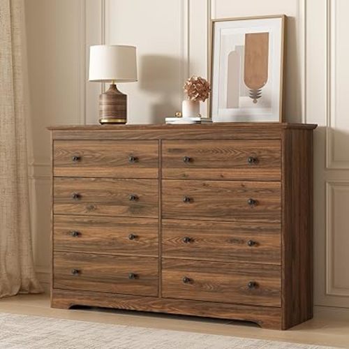 LYNSOM Modern 8 Drawer Dresser, 55.1" Wide Dressers & Chests of Drawers with Large Capacity Storage, Wood Mid Century Storage Dressers Organizer for Bedroom, Brown