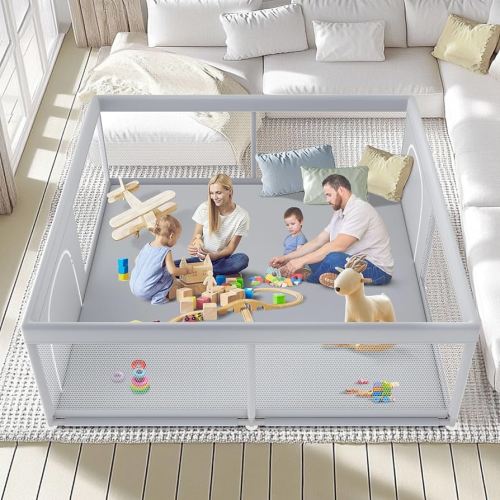 79" ×79" Extra Large Baby Playpen, Baby Playard for Babies and Toddlers, BabyFence Play Pens for Indoor & Outdoor, Sturdy Safety Play Yard with Soft Breathable Mesh, Anti-Fall, Grey