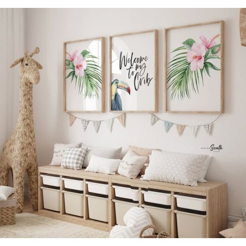 Hibiscus flowers toucan art, pink green tropical nursery ideas, welcome to my crib baby girl room art prints, tropical l… | Tropical baby room wall decor, Flamingo nursery decor, Floral baby nursery