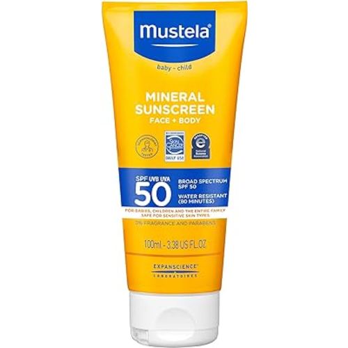 Mustela Baby Mineral Sunscreen Lotion SPF 50 Broad Spectrum - Face & Body Sun Lotion for Sensitive Skin - Water Resistant & Fragrance Free - Regular & Family Size