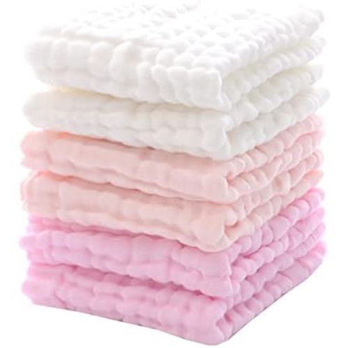 MUKIN Baby Muslin Washcloths - Soft Face Cloths for Newborn, Absorbent Bath Face Towels, Baby Wipes, Burp Cloths or Face Towels, Baby Registry as Shower. Pack of 6 -12x12 inches (Pink)