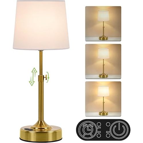 Height Adjustable Rechargeable Table Lamp with Timer, Dimmable Cordless LED Desk Lamp, 4000mAh Battery Operated Table Lamps, Gold Wireless Touch Nightstand Lamp for Kitchen Counter Coffee Table Office