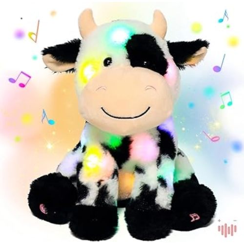Hopearl LED Musical Stuffed Smile Cow Lighting Up Singing Plush Toy Adjustable Volume Lullaby Animated Soothe Birthday Festival for Kids Toddler Girls, 11'