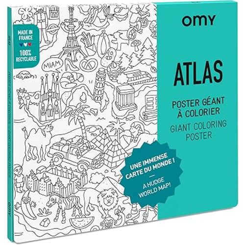 Omy Giant Coloring Poster – Atlas - Map of The World | Explore The Continents and Countries of The World | 40 x 28 Inches | Creative Play and Fun for Kids, Teens, Adults, and The Whole Family
