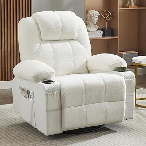 Swivel Rocker Recliner Chair with Heat and Massage, Big Oversized Rocking Single Sofa for Living Room, 360 Degree Swivel Recliner Chair with Cup Holders and USB Port (Teddy, White)