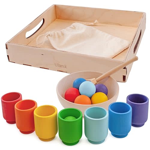 Ulanik Small Rainbow Balls in Cups Toddler Montessori Toys for 1+ Year Old Kids Wooden Matching Game for Learning Color Sorting and Counting — 7 Balls, 1.18 in
