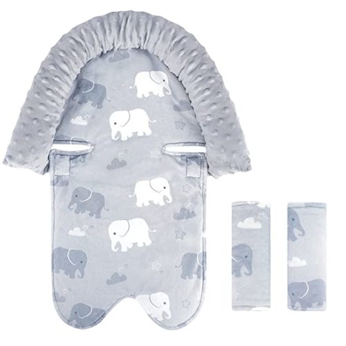 TANOFAR Baby Car Seat Insert and Strap Covers, Gray Carseat Head Support for Boys, Soft Unisex Cushion Fit for Car Seats, Stroller, Bouncers, Elephant