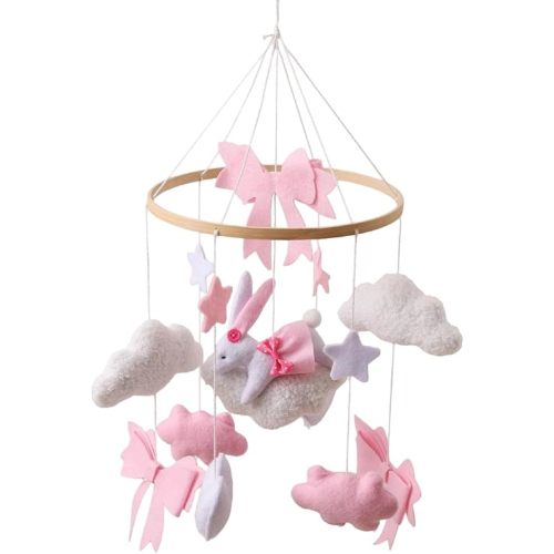 Cute Bunny Pink Bow Baby Girl Crib Mobile，Hand-Sewn Nursery Ceiling Mobile Toy,Easy to Install Soft Cotton Animal Charms Mobile for Crib for Bassinet