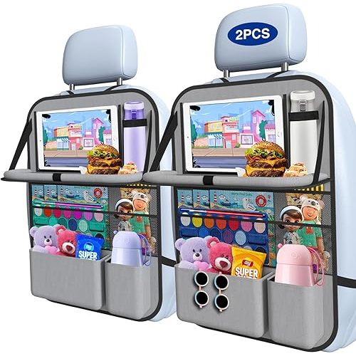 2PACK-Car Backseat Organizer with Touch Screen Tablet Holder,9 Storage Pockets Storage Organizer with Foldable Food Tray, Protector Kick Mats for Kids, Travel Accessories Organizer (Grey)