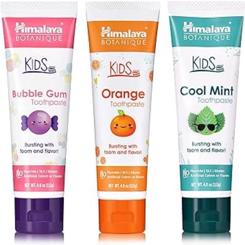 Himalaya Botanique Kids Toothpaste, Herbal, Cool Mint, Bubble Gum and Orange Flavor, Fights Plaque, Fluoride Free, No Artificial Flavors or Colors, SLS Free, Gluten Free, Vegan, 4 Oz, Variety 3 Pack