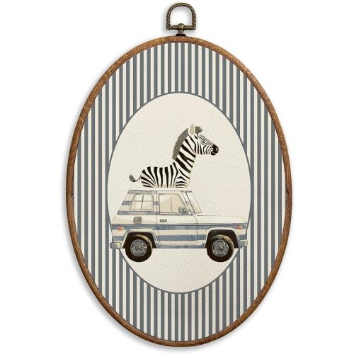 SONMYSULIL Zebra Car Animal Nursery Wall Art Decor, Jungle Animal Oval Wall Hanging Decor, Blue Striped Zebra Framed Canvas Prints for Kids Toddler Boys Room Bedroom Playroom, 8.6x11.4 Inch