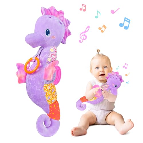 Fuzqq Baby Girl Toys 0-6 Months,Musical Stuffed Animal Plush Toy with Rattle,Soft Newborn Toy for 0 3 6 9 12 Months Girls,Baby Girl Gift,Purple