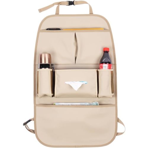 Car Backseat Organizer for Kids, Car Back Seat Storage Bag With 3 Pockets, 2 Drinks Holders, Water Resistant, Kids Toy Storage Kick Mat Back Seat Protector for Toddlers (Beige 1-Pack)