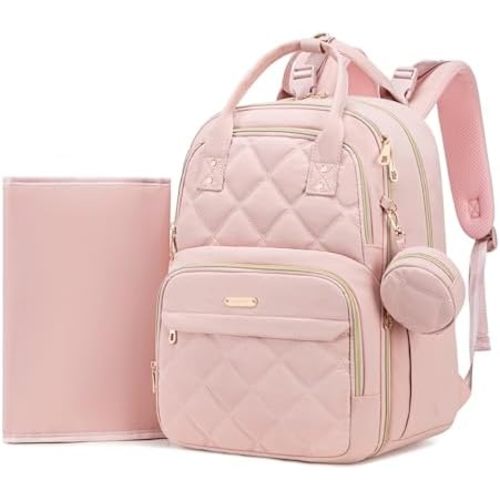 Diaper Bag Backpack, Travel Essential Baby Bag, Multi-Functional Waterproof Quilted Diaper Bag, Baby Essential Travel Tote with Changing Pad, Stroller Straps & Pacifier Case, Pink