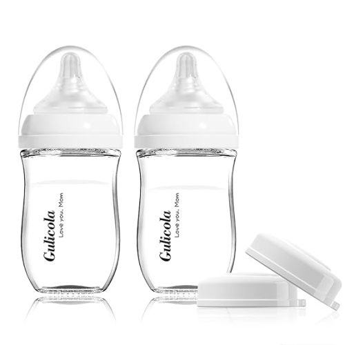 (5oz) Gulicola Small Glass Baby Bottle, Slow (S) Flow Nipple, Anti-Colic, (2 Pack) - 5oz, White