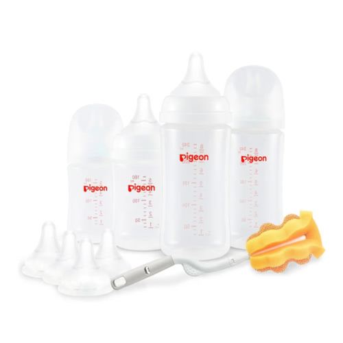 Pigeon Baby Bottle Newborn Feeding Gift Set, Anti-Colic, Wide Neck Bottle with Latch-On Line Nipple (4 PP Feeding Bottles with Nipples+ 4 Nipples + 1 Baby Bottle Brush)