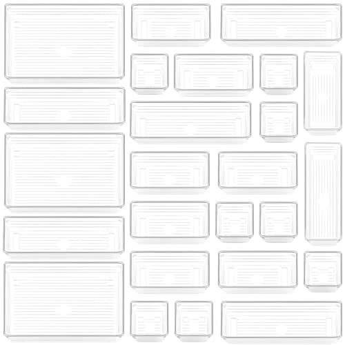 DCA 25 PCS Clear Plastic Drawer Organizer Trays, Storage Bins | Makeup, Kitchen & Jewelry | Multi-size Bathroom Bins | Office | Versatile Organization Solution | Easy to Clean