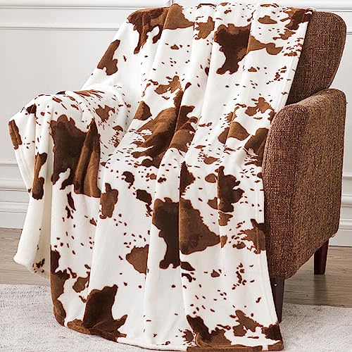 Edenleaf Cow Print Blanket, Ultra Cozy Cow Throw Blanket for Couch Bed and Travel, Cow Print Decor Throw Blankets for All Seasons 50"x60" (Light Brown)