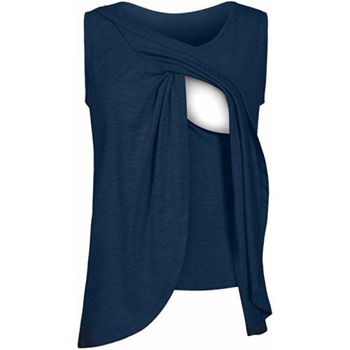 Mom Maternity Nursing Tops Solid T-Shirt with Easy Breastfeeding Openings Pregnant Short Sleeve Tops Blouse - Medium - Dark Blue